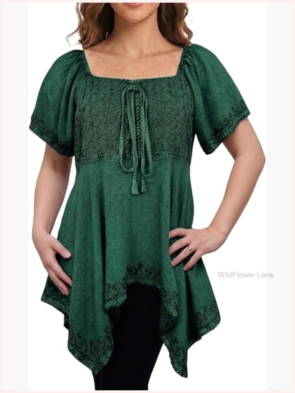 Asymmetrical Handkerchief Tunic Top Diamond Neck Cap Sleeve Bohemian Blouse